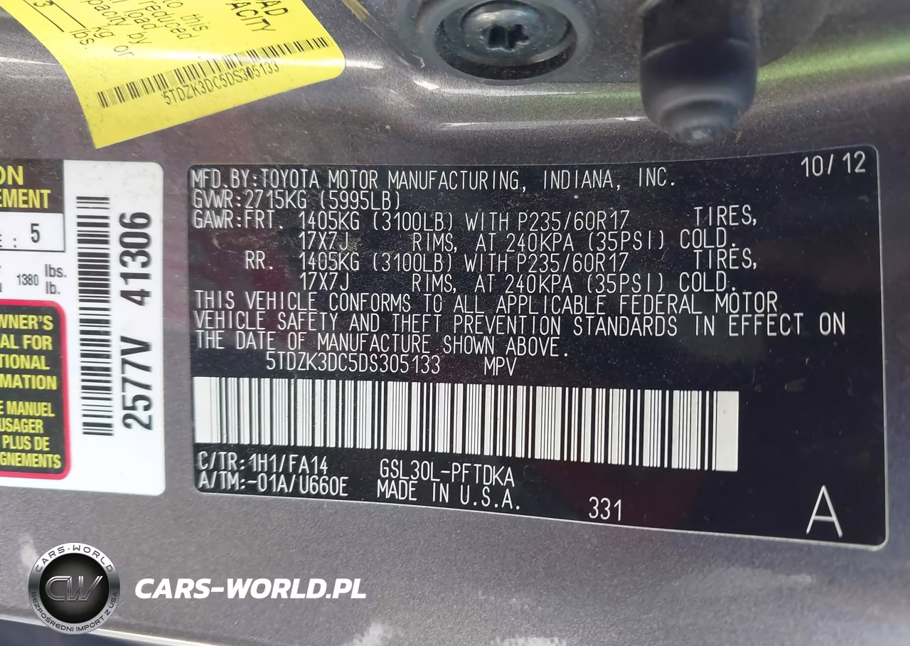 2013 Toyota Sienna L V6 7 Passenger VIN:5TDZK3DC5DS305133 - 9