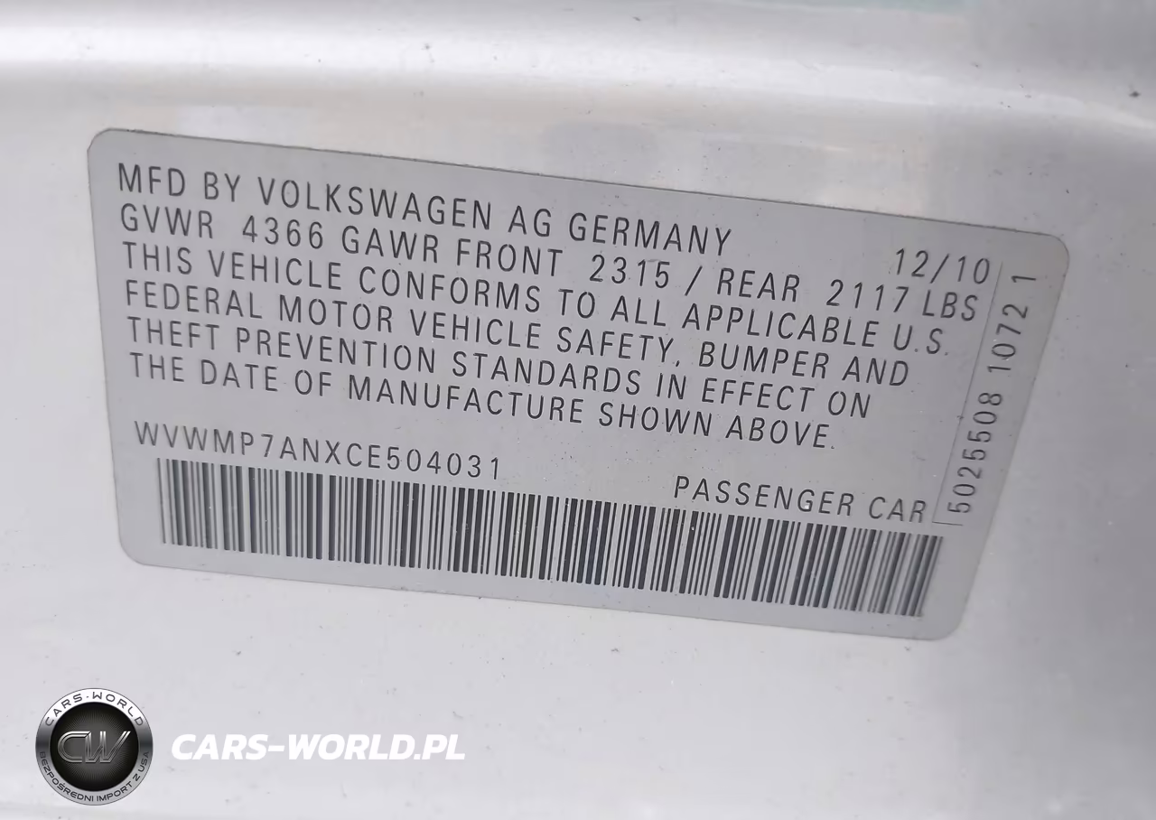 2012 Volkswagen Cc Sport VIN:WVWMP7ANXCE504031 - 9