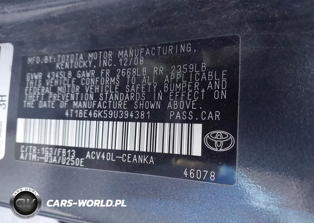 2009 Toyota Camry Le VIN:4T1BE46K59U394381 - 9