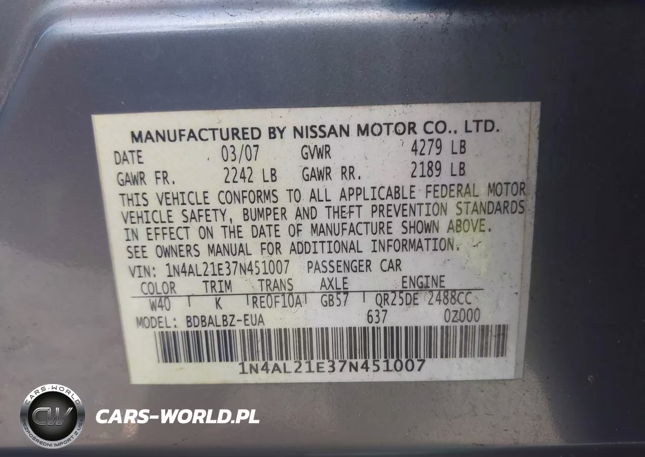 2007 Nissan Altima 2.5 S VIN:1N4AL21E37N451007 - 9