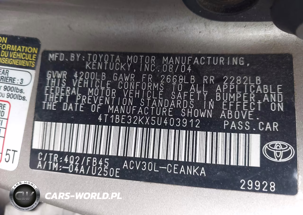 2005 Toyota Camry Std VIN:4T1BE32KX5U403912 - 9
