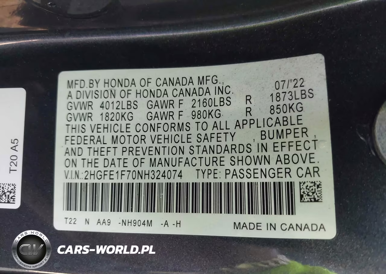 2022 Honda Civic Ex VIN:2HGFE1F70NH324074 - 9