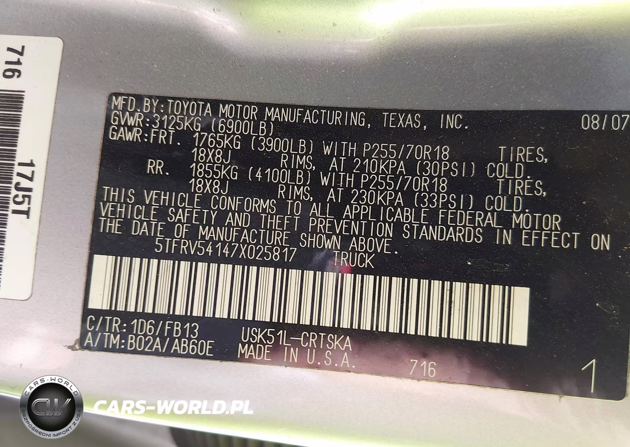 2007 Toyota Tundra Sr5 V8 VIN:5TFRV54147X025817 - 9