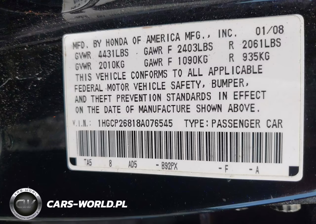 2008 Honda Accord 2.4 Ex-L VIN:1HGCP26818A076545 - 9