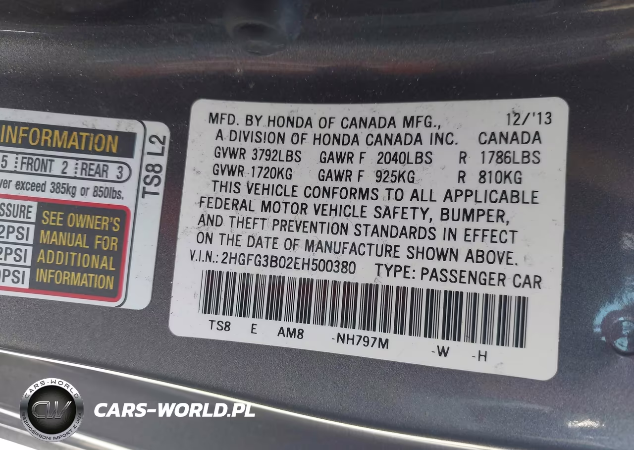 HONDA CIVIC EXL VIN:2HGFG3B02EH500380 - 9