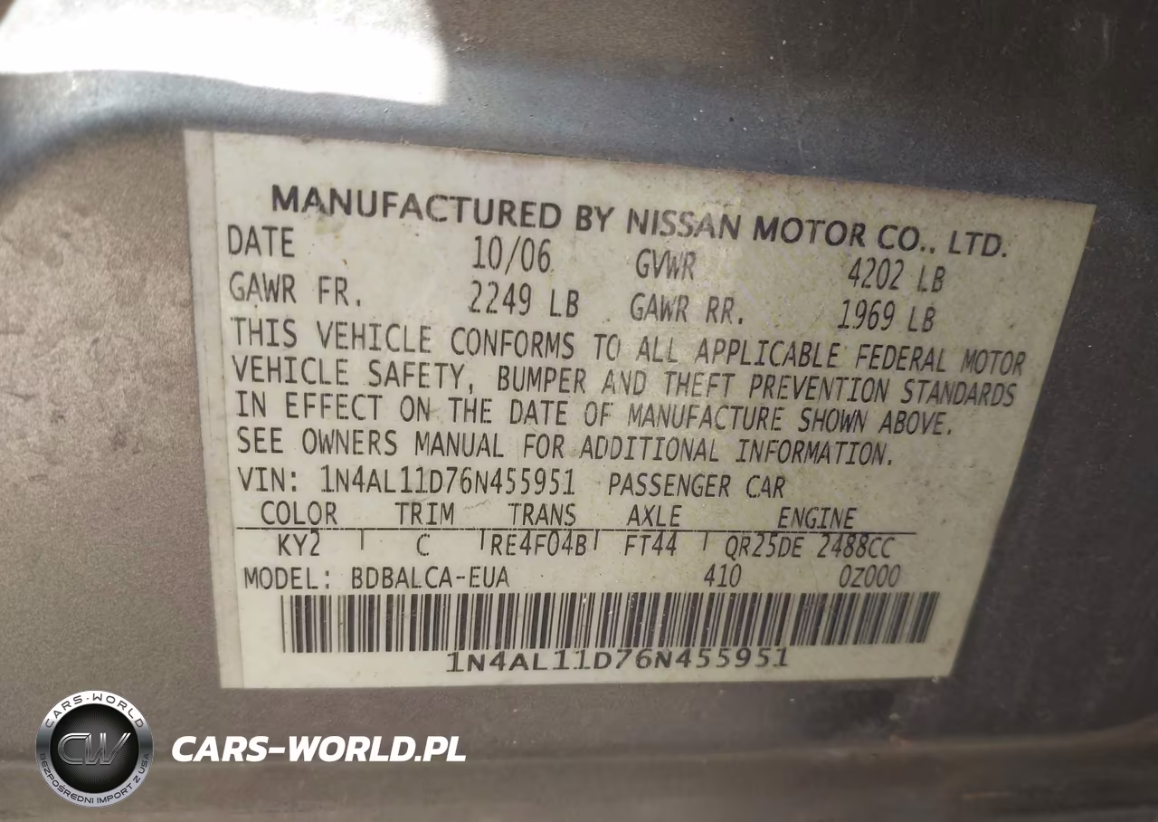2006 Nissan Altima 2.5 S VIN:1N4AL11D76N455951 - 9