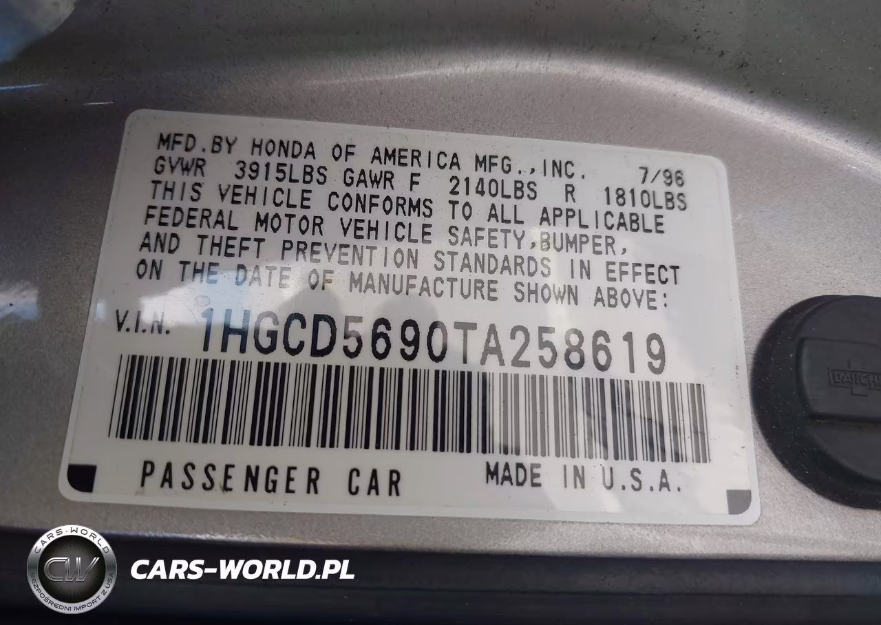 1996 Honda Accord Value VIN:1HGCD5690TA258619 - 9