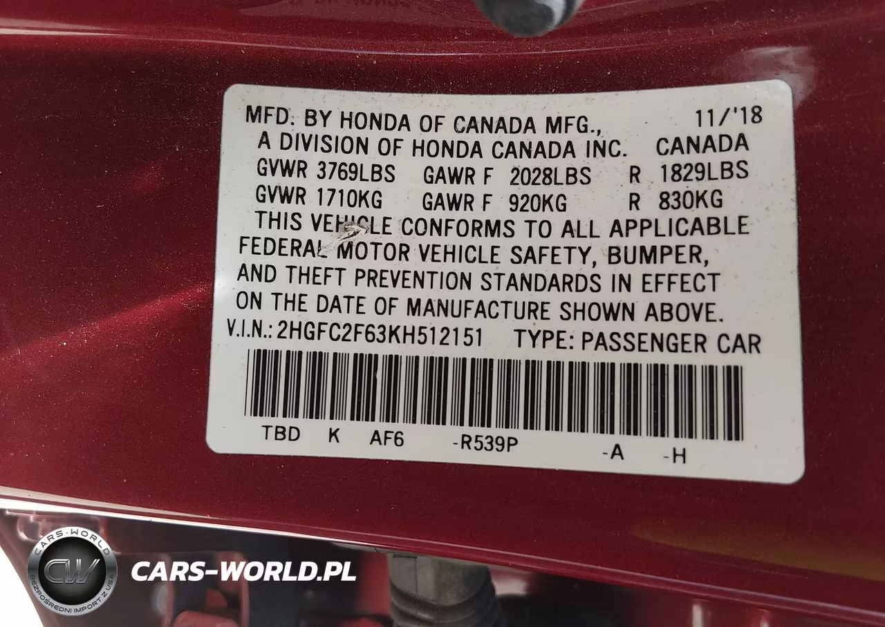 2019 Honda Civic Lx VIN:2HGFC2F63KH512151 - 9