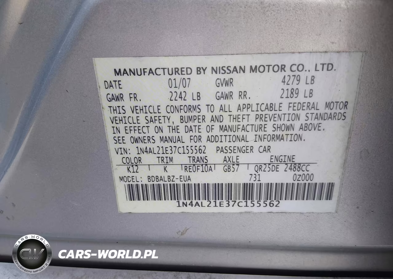 2007 Nissan Altima 2.5 S VIN:1N4AL21E37C155562 - 9