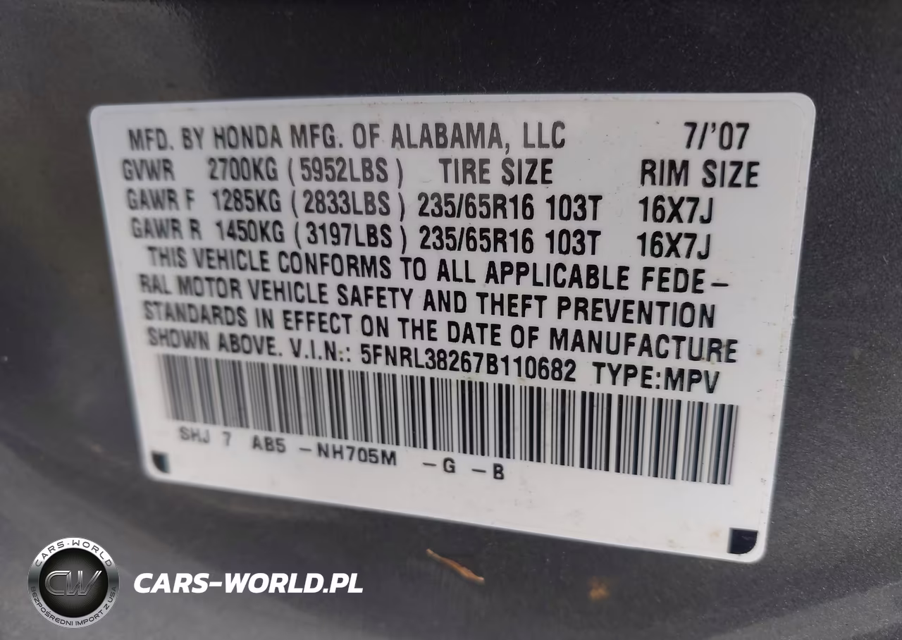 2007 Honda Odyssey Lx VIN:5FNRL38267B110682 - 9