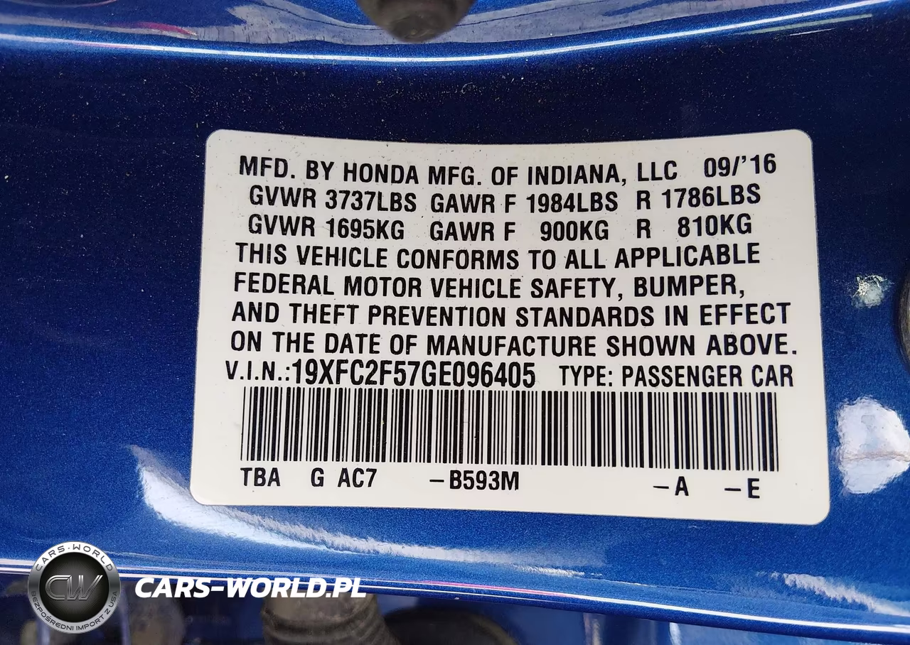 2016 Honda Civic Lx VIN:19XFC2F57GE096405 - 9