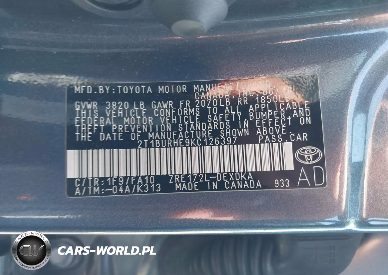 2019 Toyota Corolla L VIN:2T1BURHE9KC126397 - 9