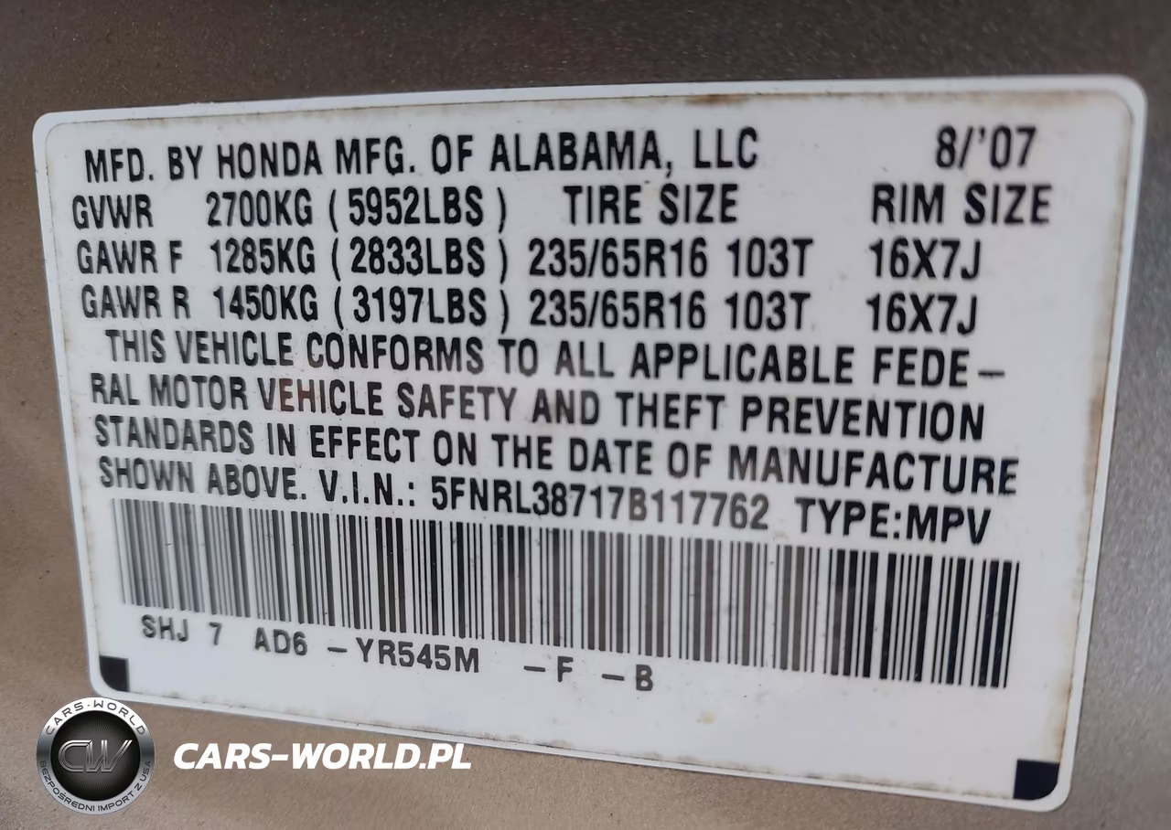 2007 Honda Odyssey Ex-L VIN:5FNRL38717B117762 - 9