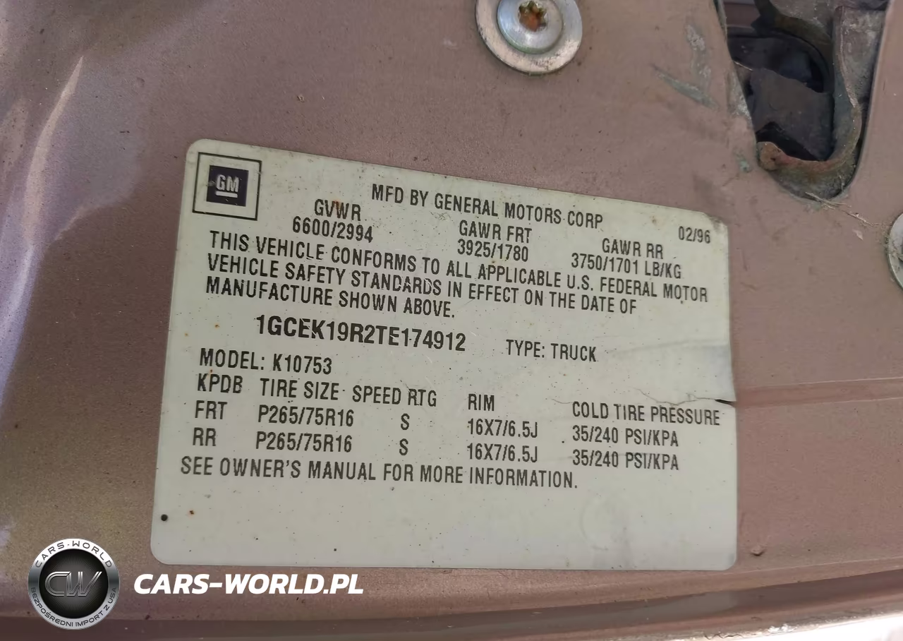 1996 Chevrolet Gmt-400 K1500 VIN:1GCEK19R2TE174912 - 9