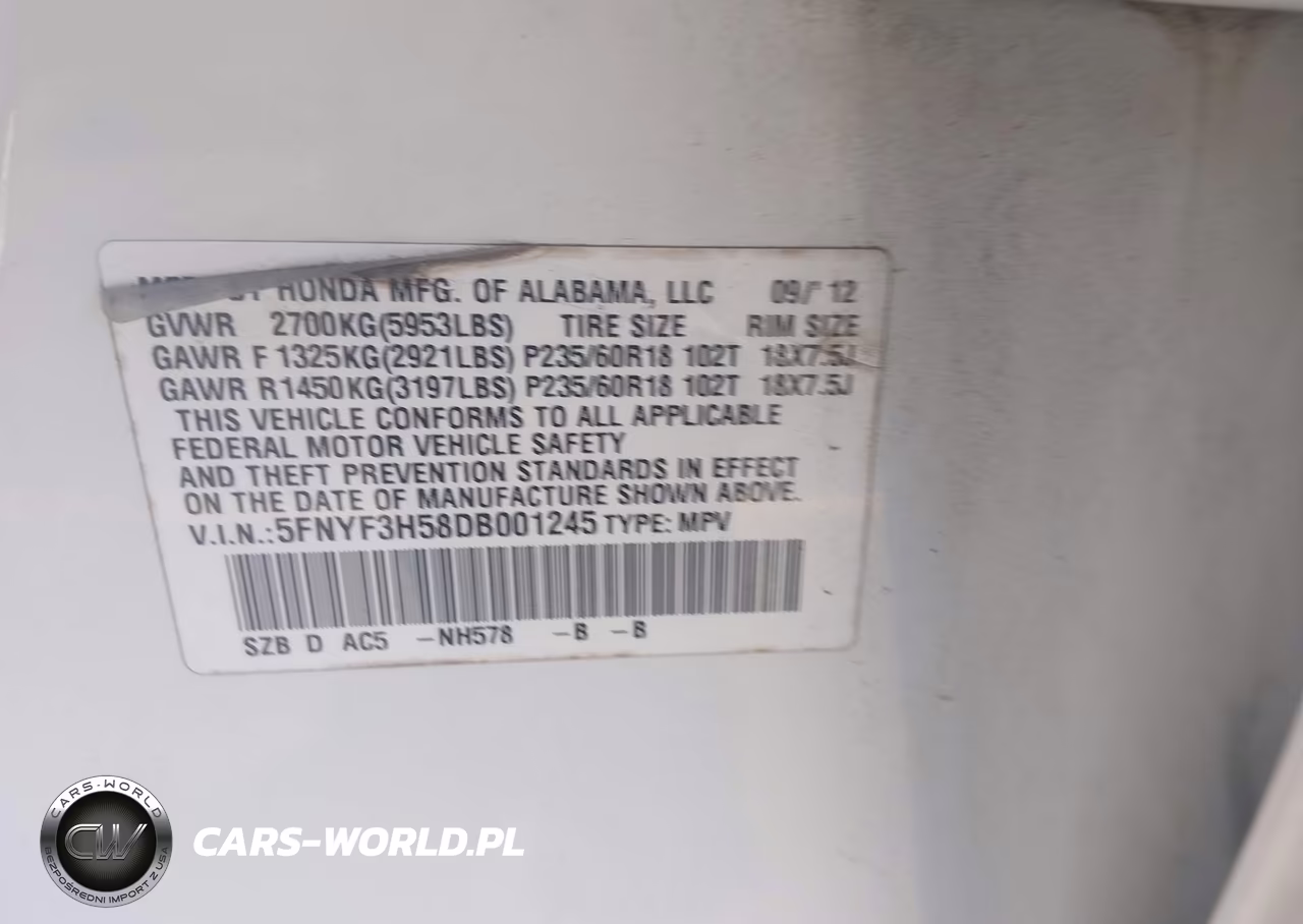2013 Honda Pilot Ex-L VIN:5FNYF3H58DB001245 - 9