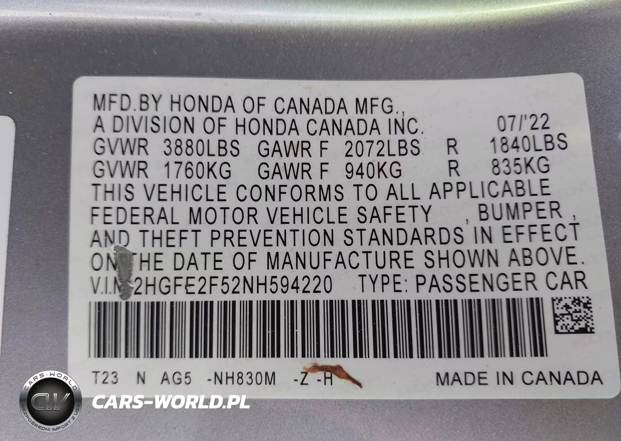 2022 Honda Civic Sport VIN:2HGFE2F52NH594220 - 9
