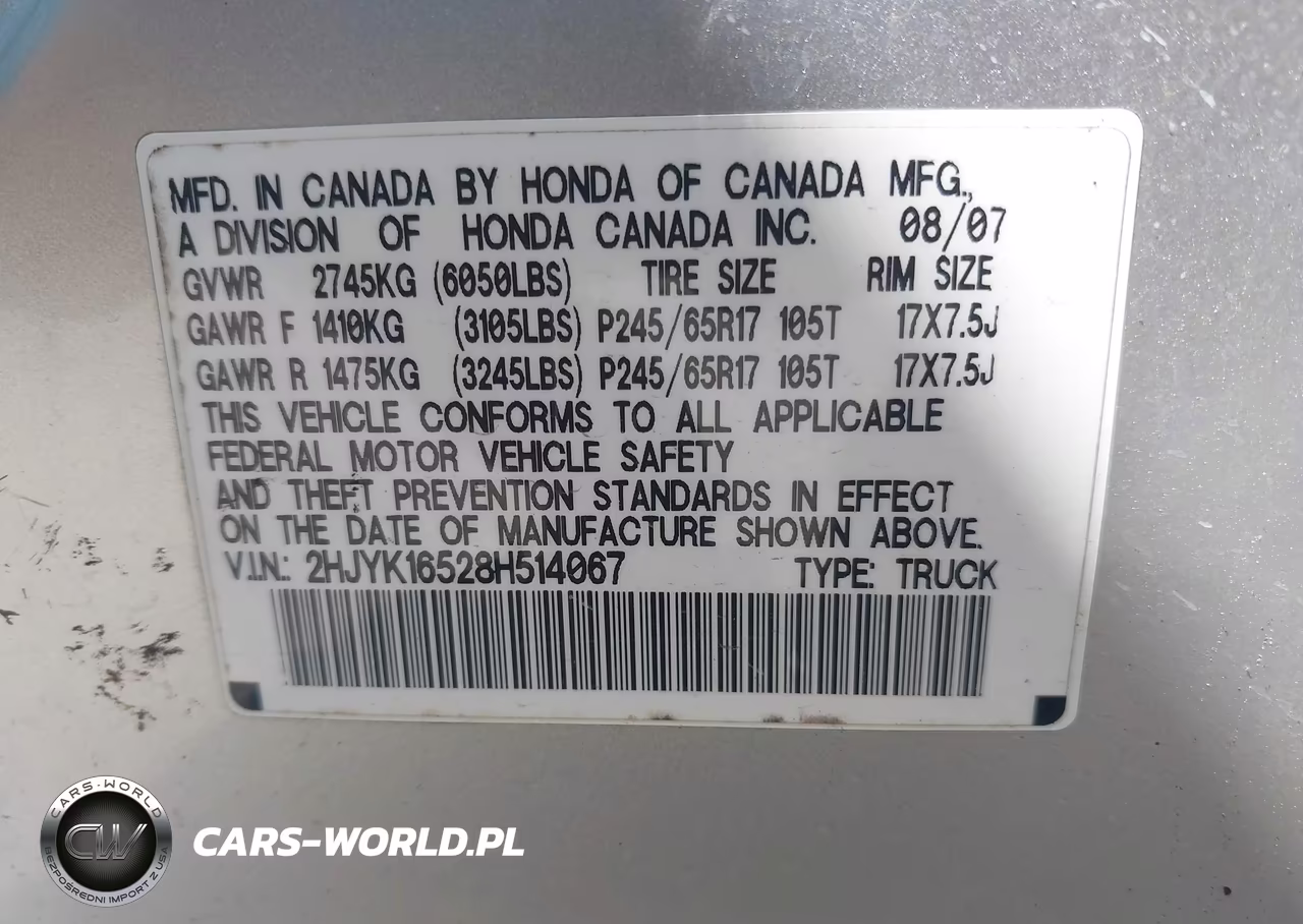 2008 Honda Ridgeline Rtl VIN:2HJYK16528H514067 - 9