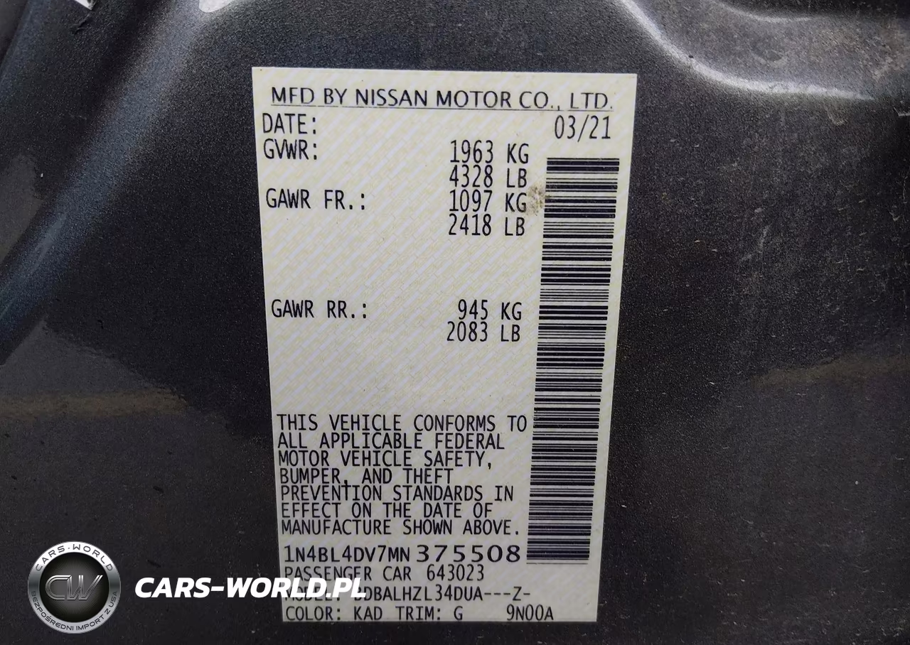 2021 Nissan Altima Sv Fwd VIN:1N4BL4DV7MN375508 - 9