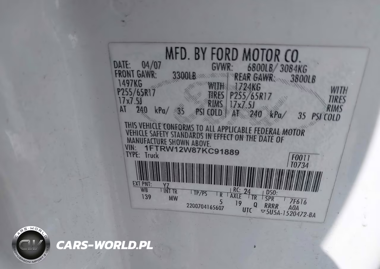 2007 Ford F-150 Xlt VIN:1FTRW12W87KC91889 - 9