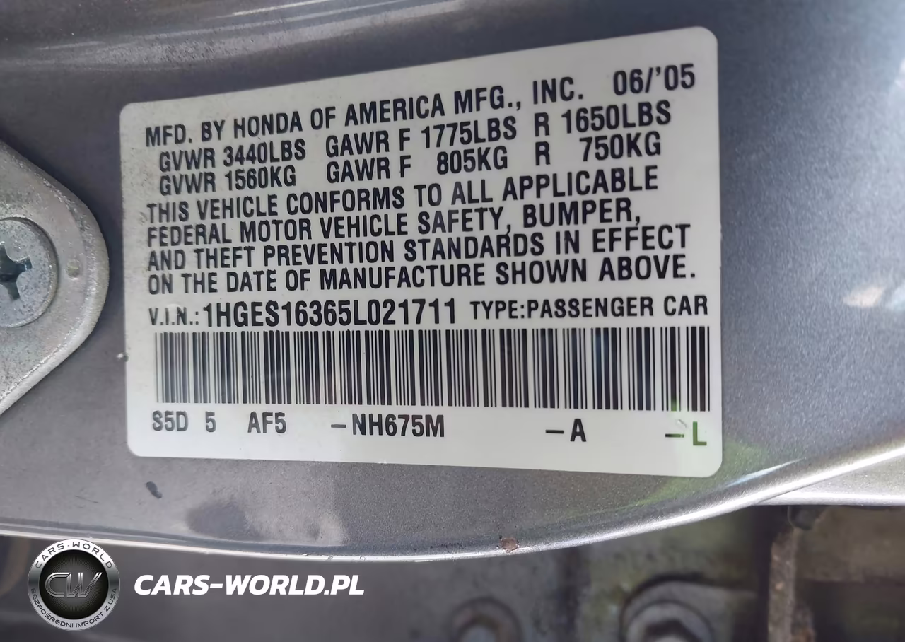 2005 Honda Civic Vp VIN:1HGES16365L021711 - 9