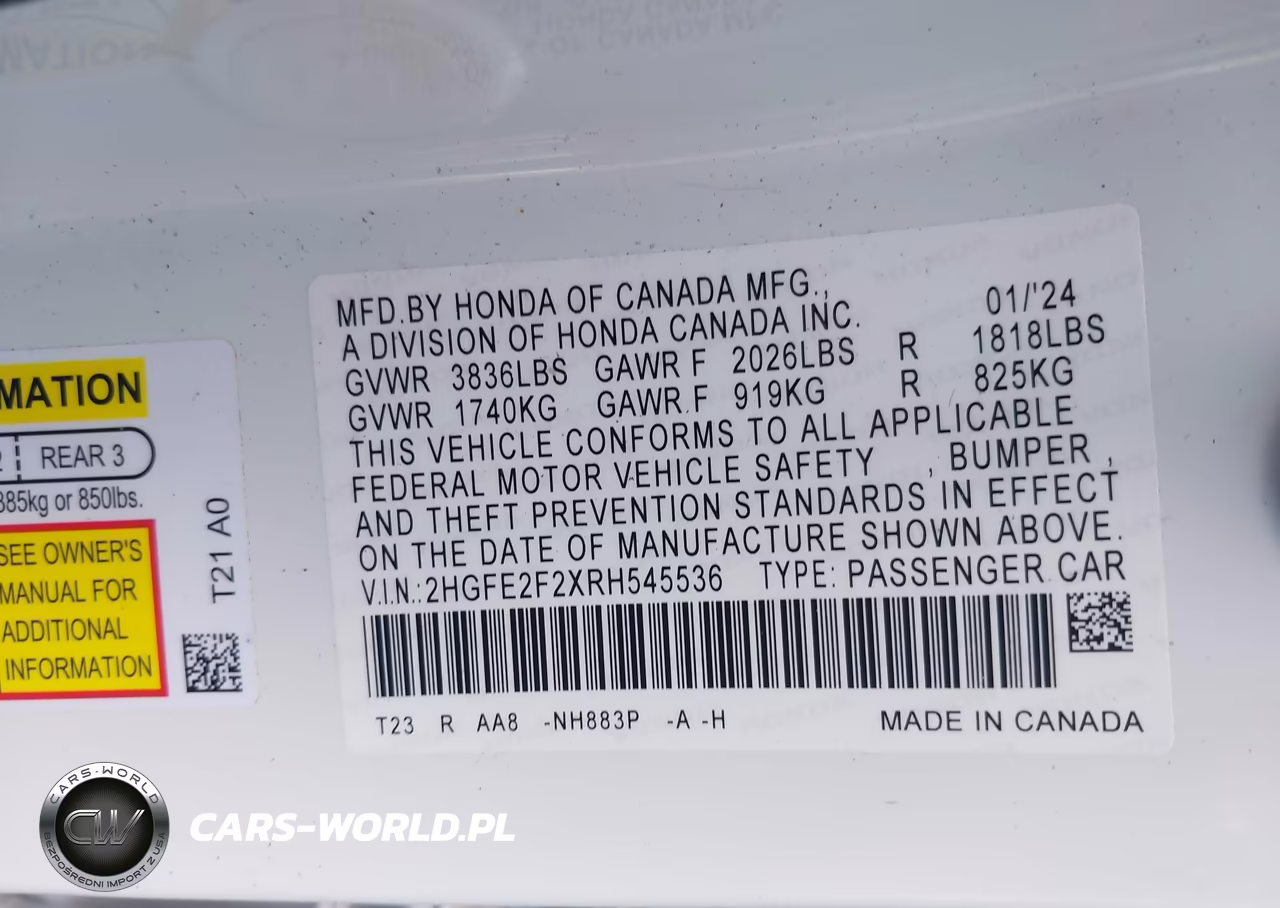 2024 Honda Civic Lx VIN:2HGFE2F2XRH545536 - 9