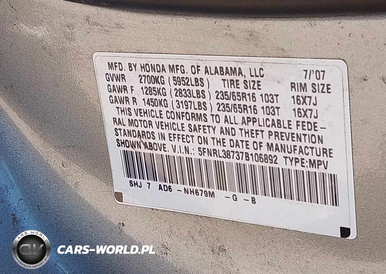2007 Honda Odyssey Ex-L VIN:5FNRL38737B106892 - 9