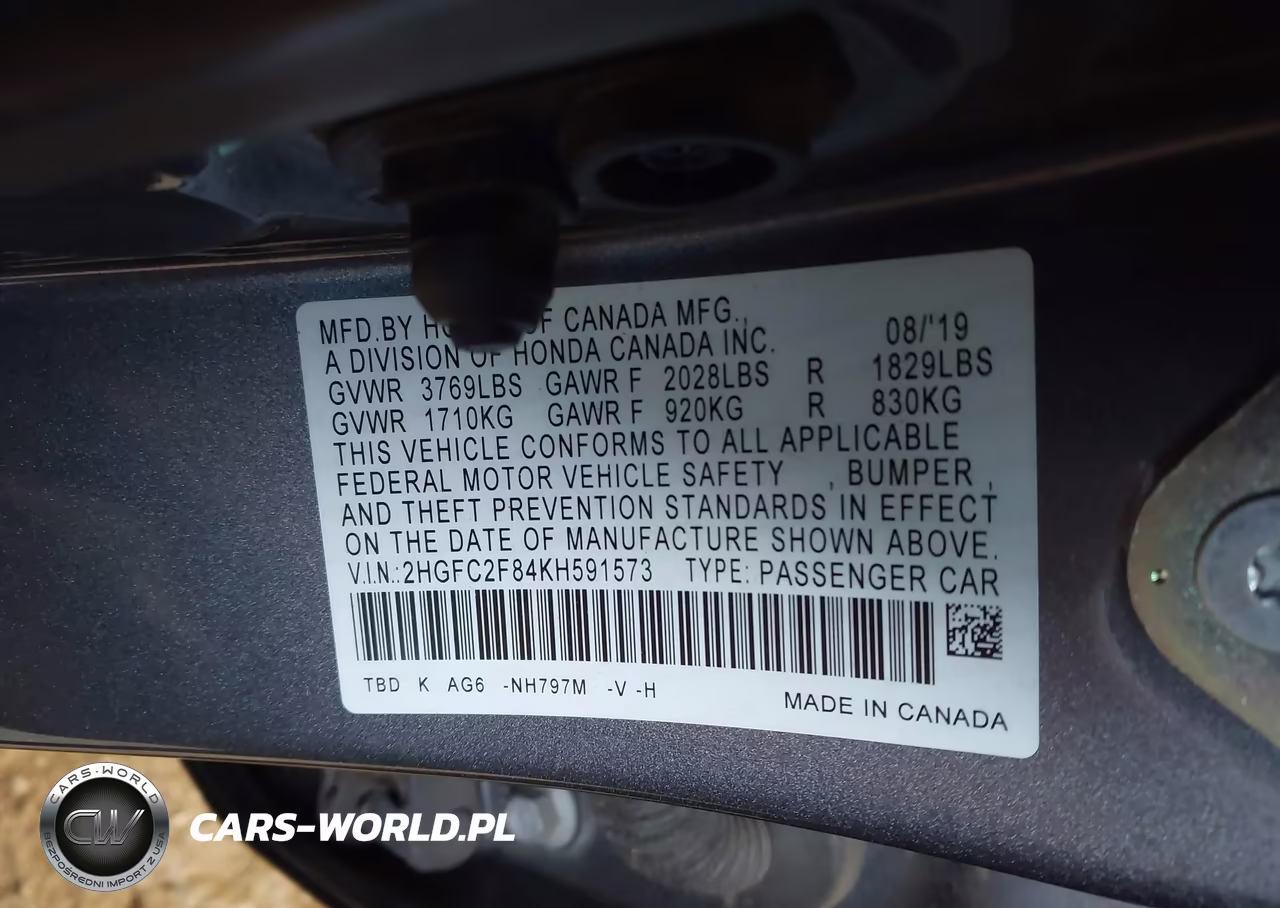 2019 Honda Civic Sport VIN:2HGFC2F84KH591573 - 9