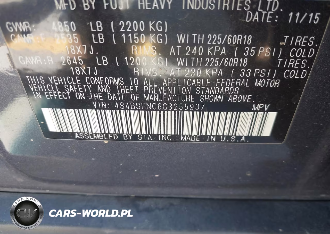 2016 Subaru Outback 3.6R Limited VIN:4S4BSENC6G3255937 - 9