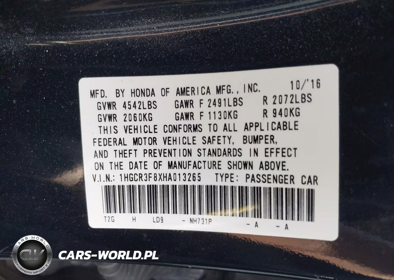 2017 Honda Accord Ex-L V6 VIN:1HGCR3F8XHA013265 - 9