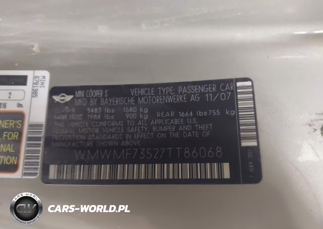 2007 Mini Cooper S VIN:WMWMF73527TT86068 - 9
