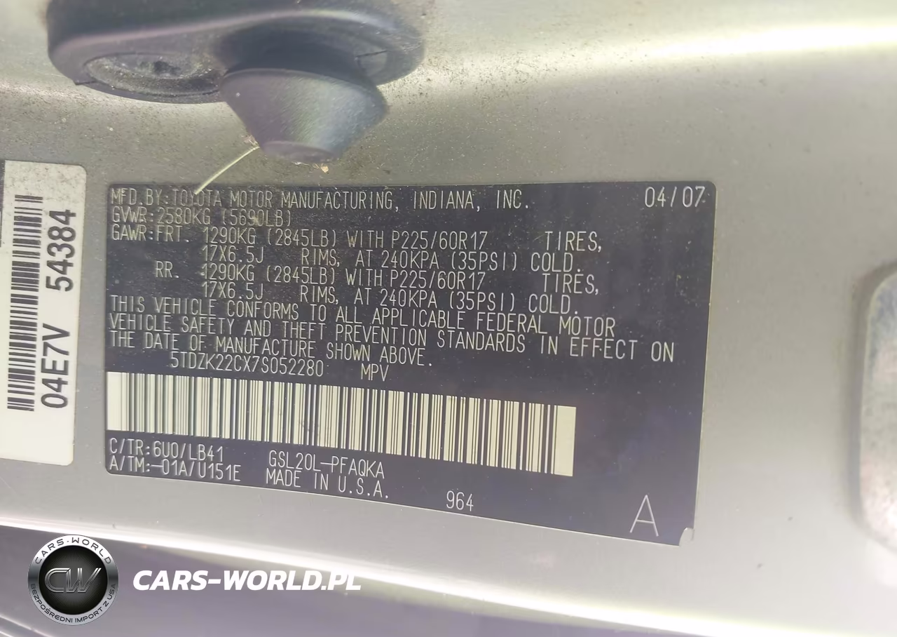 2007 Toyota Sienna Xle VIN:5TDZK22CX7S052280 - 9