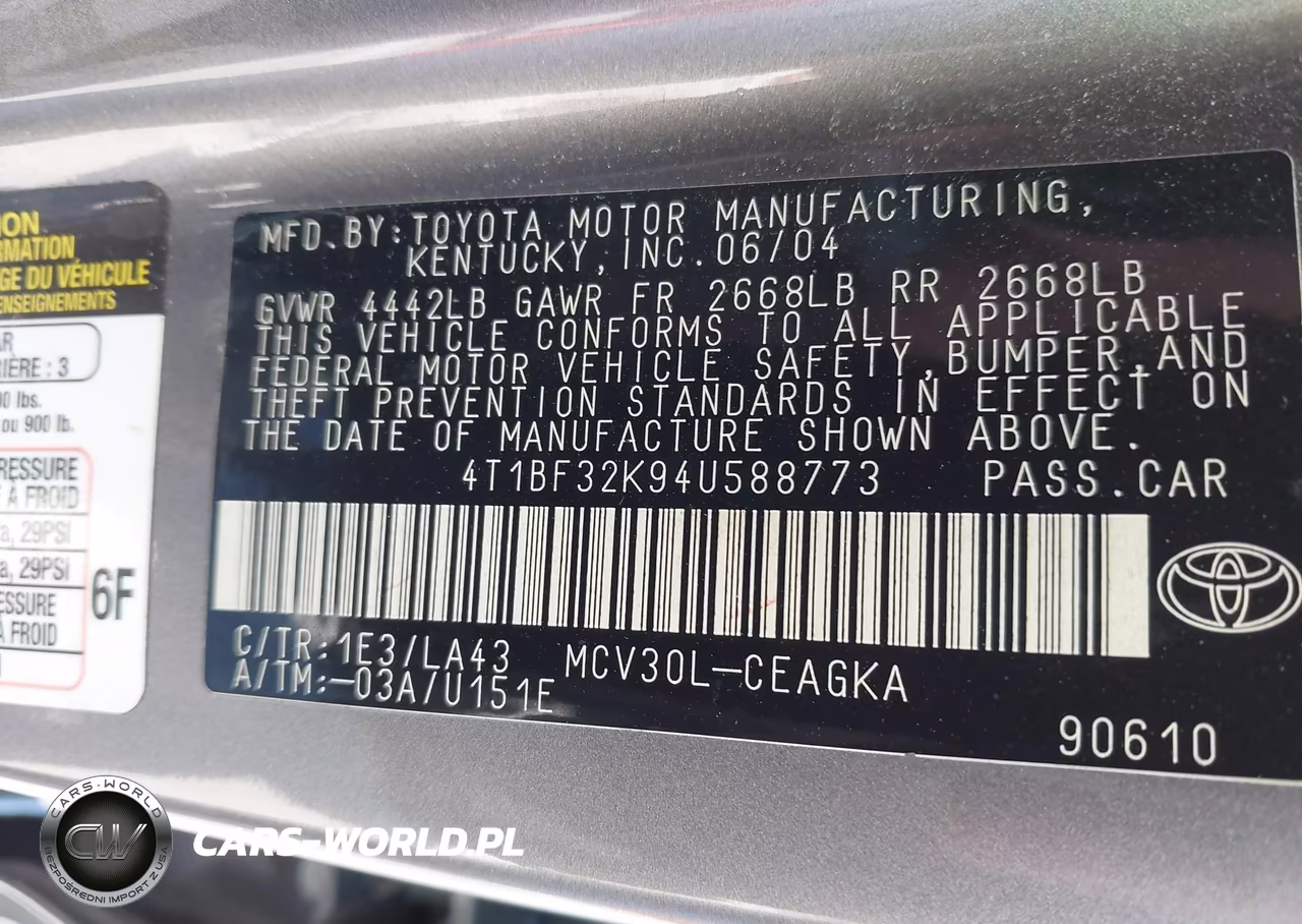 2004 Toyota Camry Xle V6 VIN:4T1BF32K94U588773 - 9