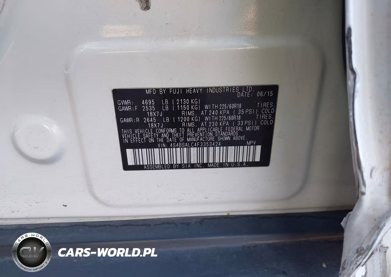 2015 Subaru Outback 2.5I Limited VIN:4S4BSALC4F3353424 - 9