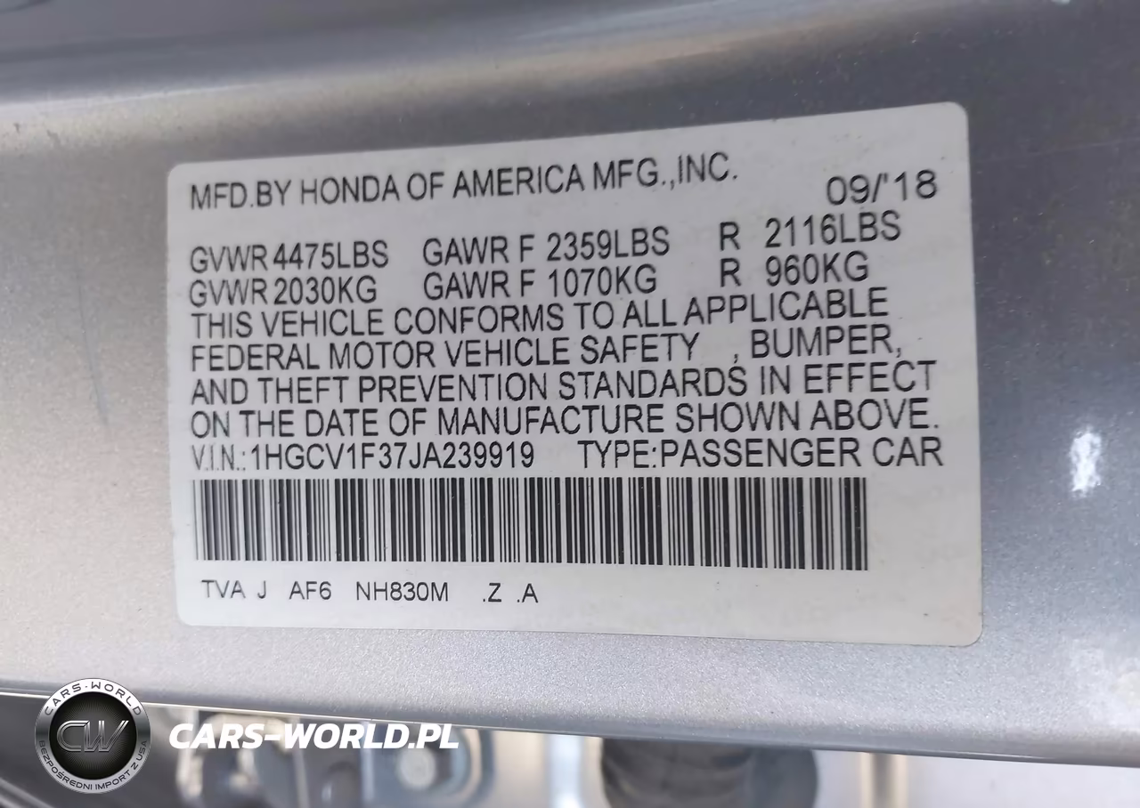 2018 Honda Accord Sport VIN:1HGCV1F37JA239919 - 9