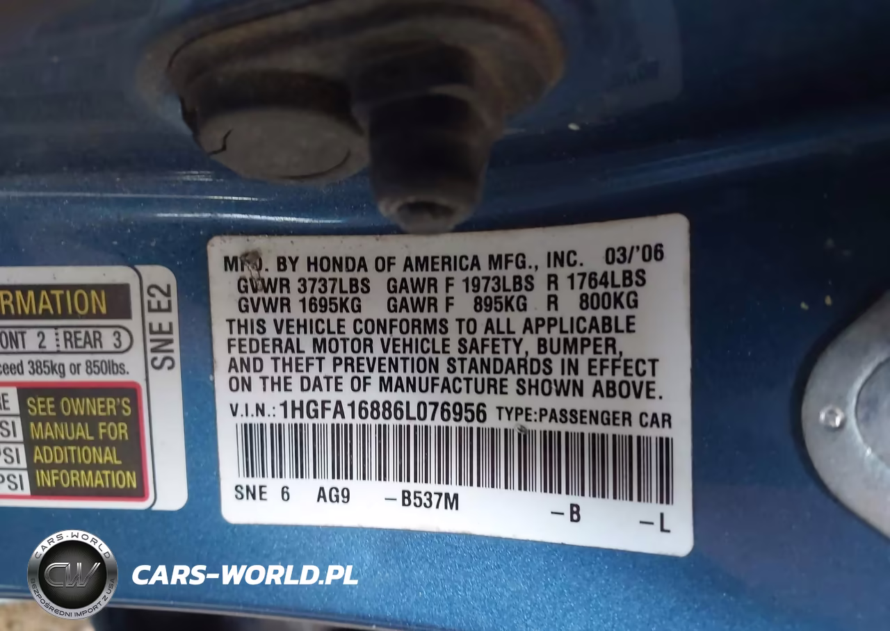 2006 HONDA CIVIC VIN:1HGFA16886L076956 - 9