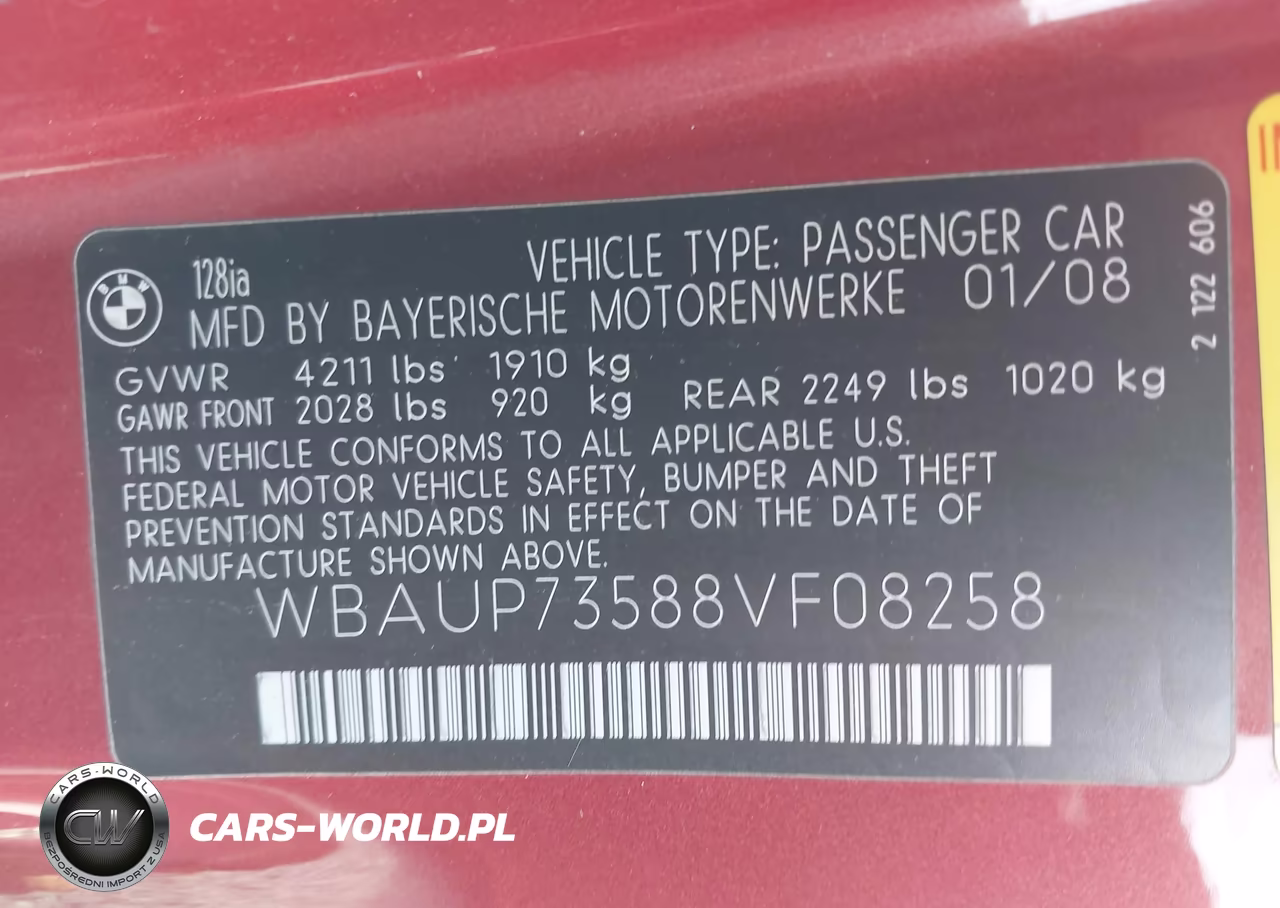 2008 BMW 128I VIN:WBAUP73588VF08258 - 9