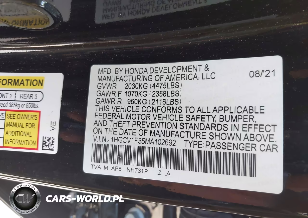 2021 Honda Accord Sport VIN:1HGCV1F35MA102692 - 9