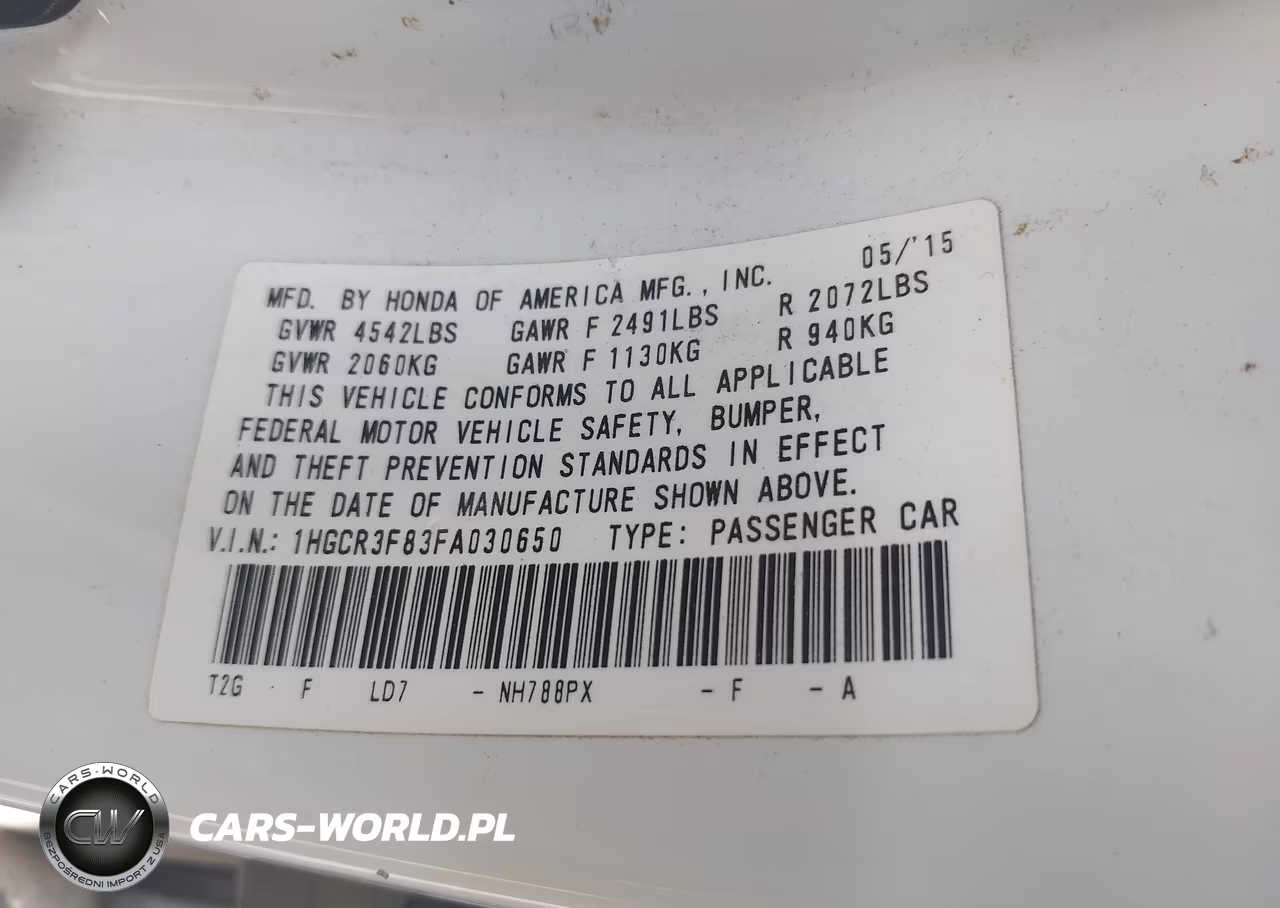 2015 Honda Accord Ex-L V-6 VIN:1HGCR3F83FA030650 - 9