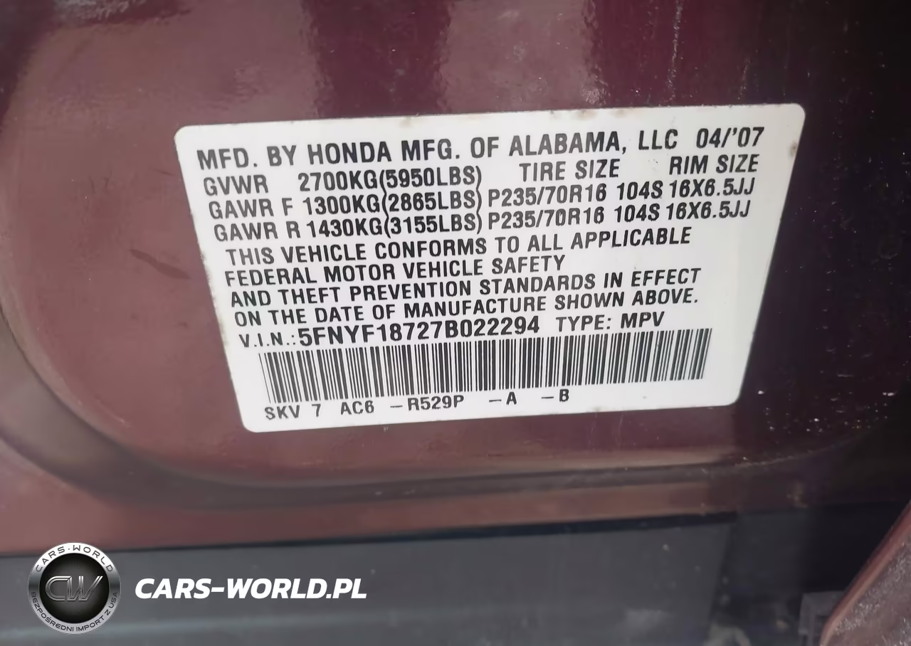 2007 Honda Pilot Ex-L VIN:5FNYF18727B022294 - 9