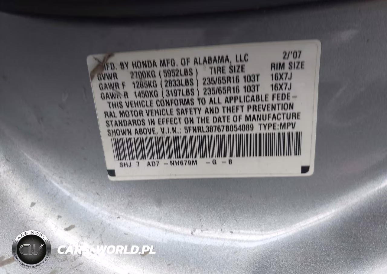 2007 Honda Odyssey Ex-L VIN:5FNRL38767B054089 - 9