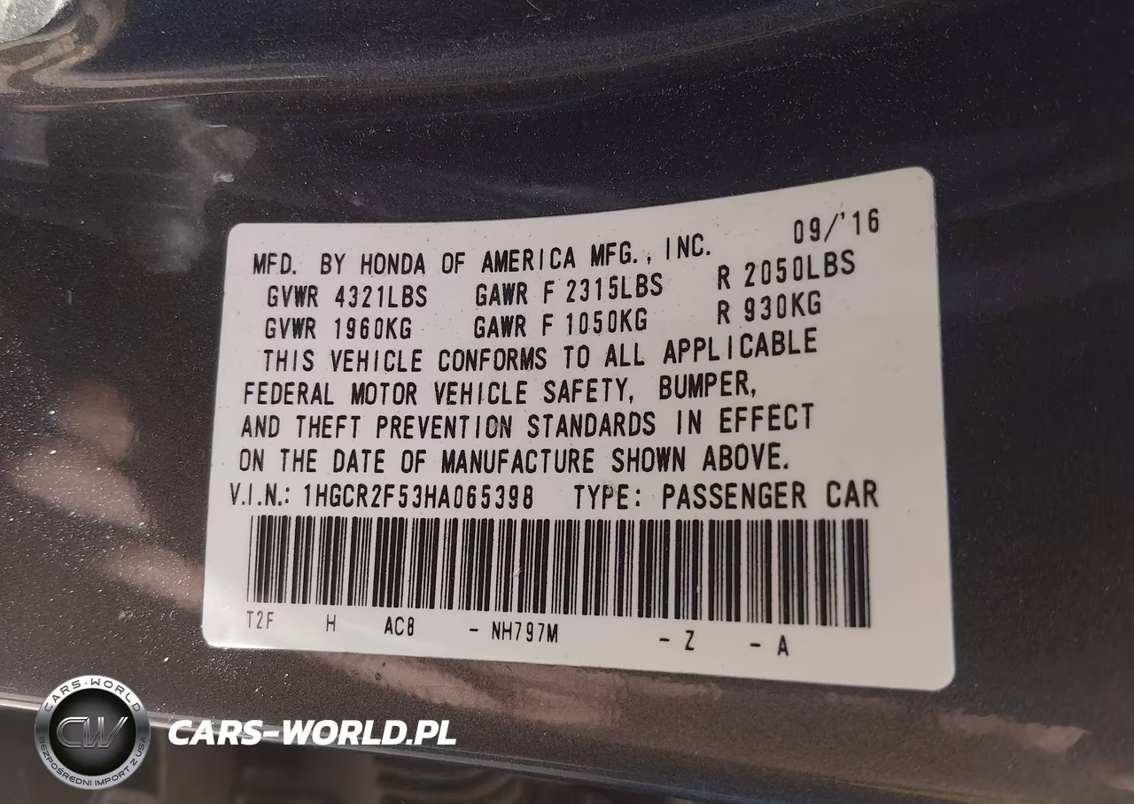 2017 Honda Accord Sport VIN:1HGCR2F53HA065398 - 9