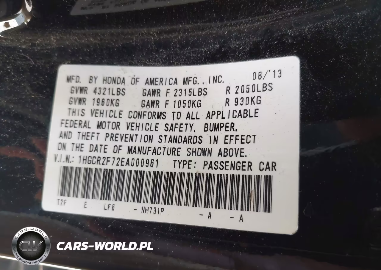 2014 Honda Accord Ex VIN:1HGCR2F72EA000961 - 9