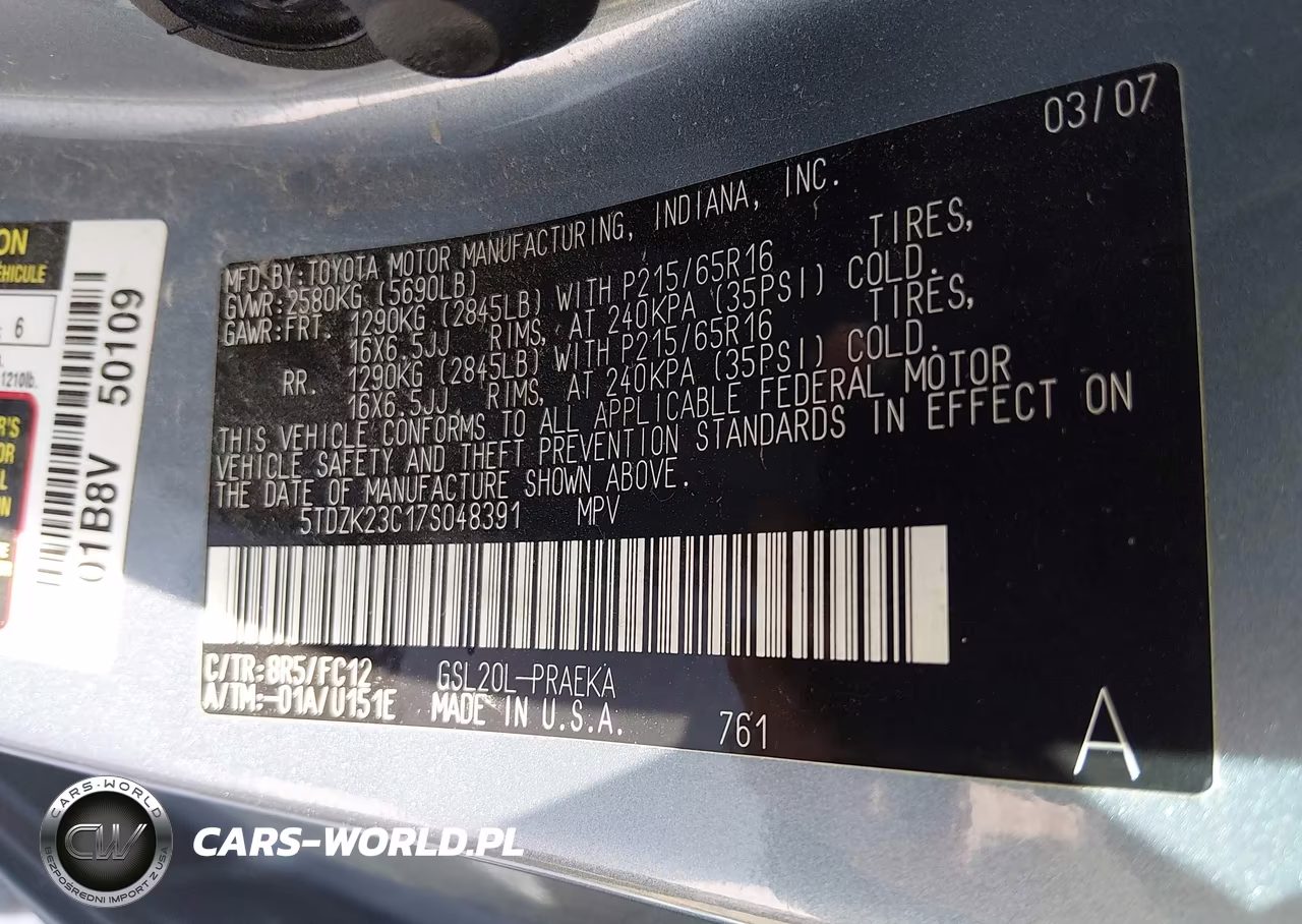 2007 Toyota Sienna Le VIN:5TDZK23C17S048391 - 9