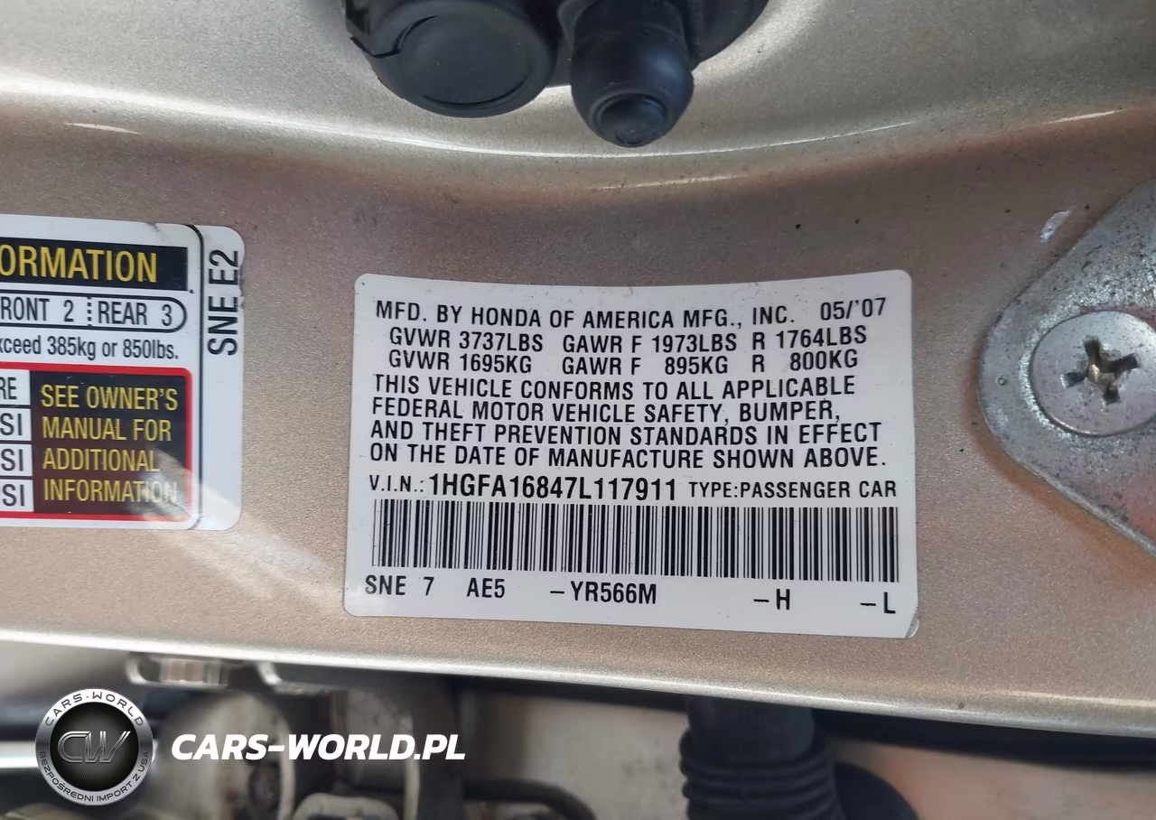 2007 Honda Civic Ex VIN:1HGFA16847L117911 - 9