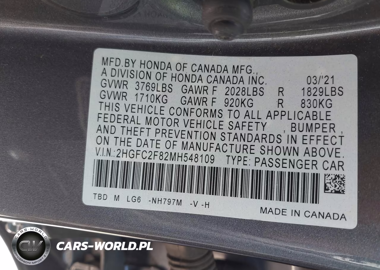 2021 Honda Civic Sport VIN:2HGFC2F82MH548109 - 9