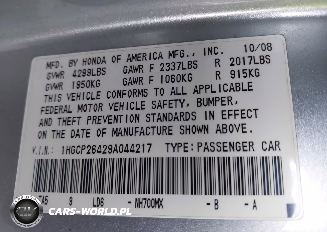 2009 Honda Accord 2.4 Lx-P VIN:1HGCP26429A044217 - 9