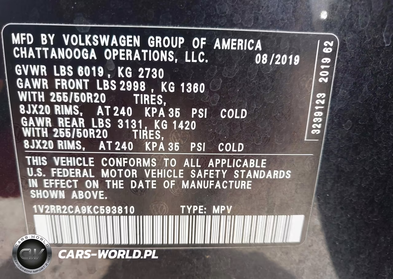 2019 Volkswagen Atlas 3.6L V6 Sel R-Line VIN:1V2RR2CA9KC593810 - 9