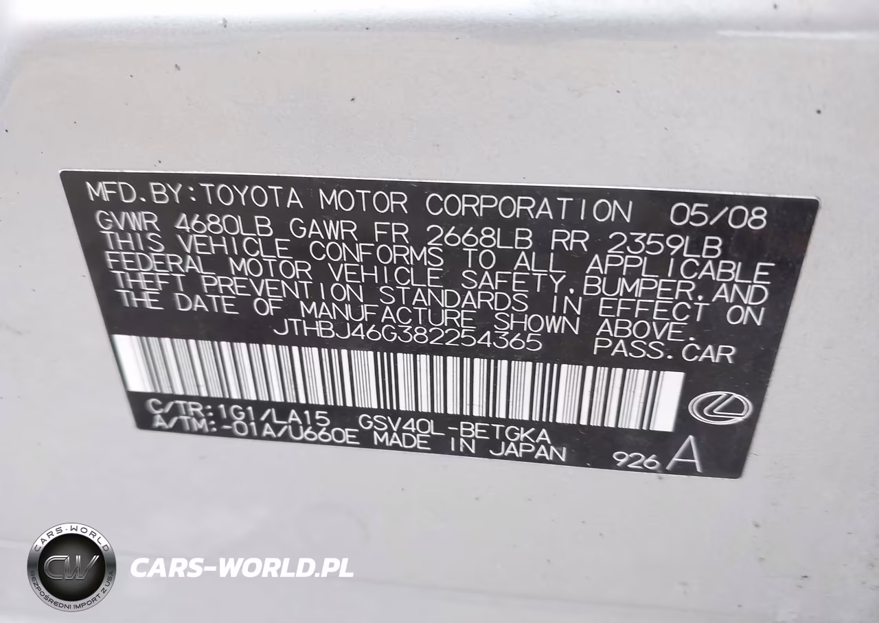 2008 Lexus Es 350 VIN:JTHBJ46G382254365 - 9