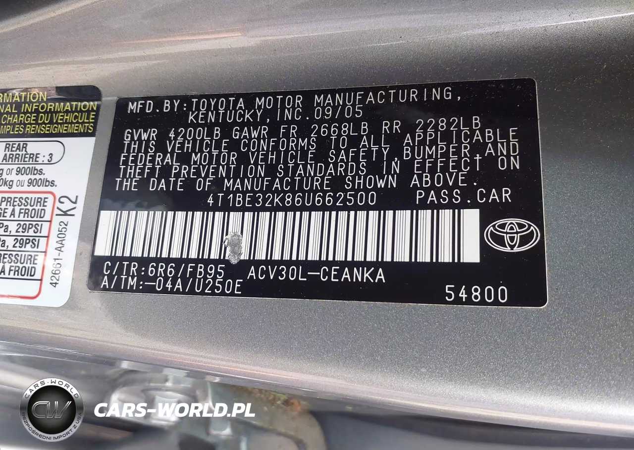 2006 Toyota Camry Le VIN:4T1BE32K86U662500 - 9