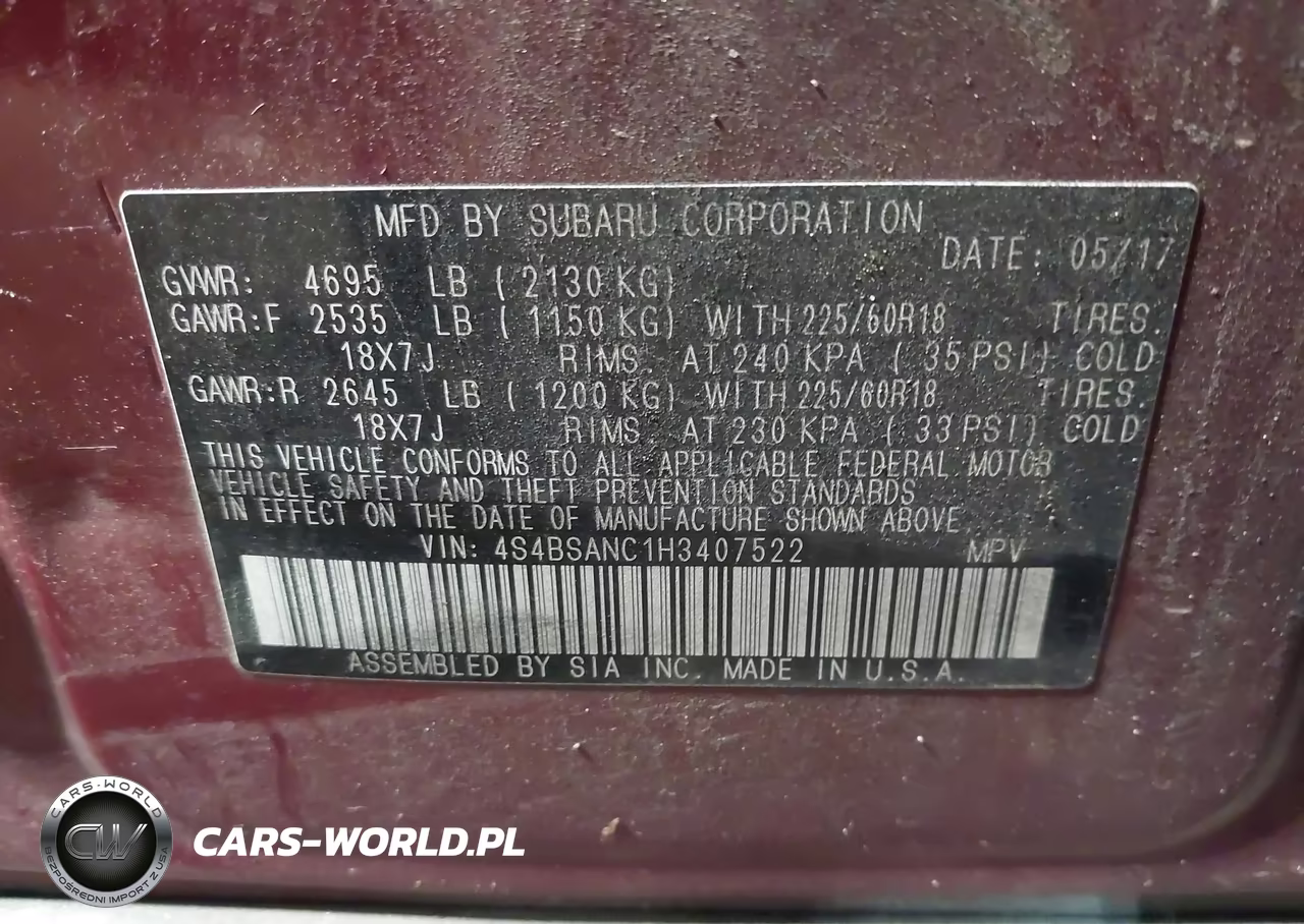 2017 Subaru Outback 2.5I Limited VIN:4S4BSANC1H3407522 - 9